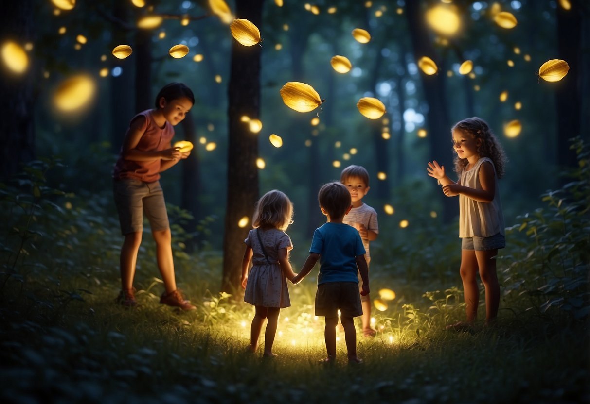 A group of glowing fireflies dart through a moonlit forest clearing, illuminating a circle of children playing games with twinkling lanterns and colorful ribbons