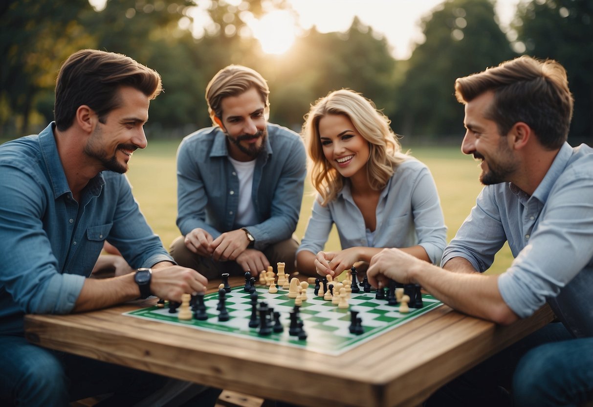 A group of players strategize and work together to solve challenges in an outdoor setting, with various game stations set up around them