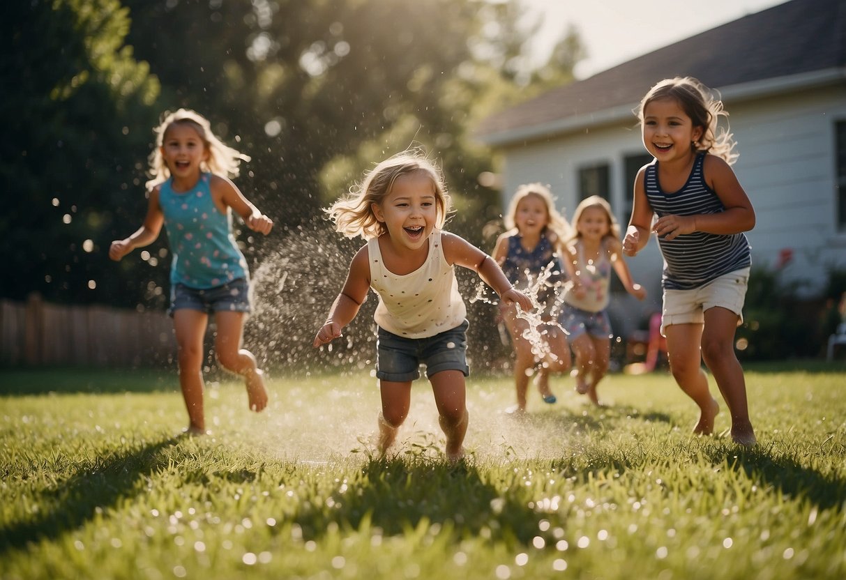 Children playing in a backyard with sprinklers, water balloons, and a slip and slide. Laughter and splashing fill the air as families enjoy water games together