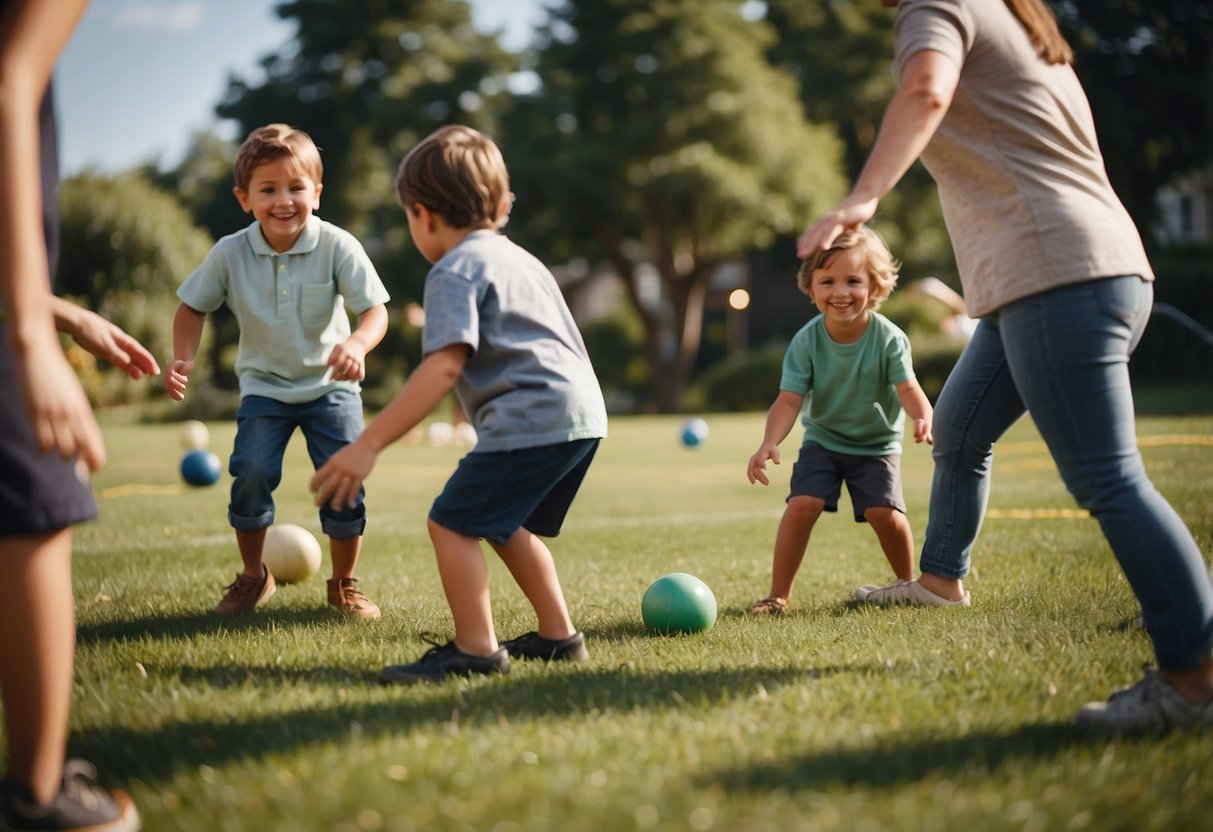 Families playing outdoor games in a grassy backyard, with a mix of generations participating in activities like sack races, tug-of-war, and cornhole