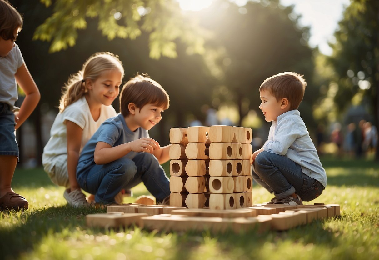 Families playing outdoor games with a twist, like giant Jenga and oversized tic-tac-toe, in a sunny park setting