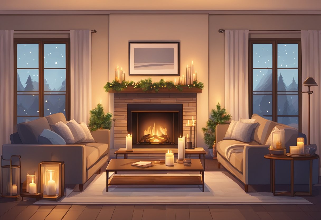 A cozy living room with a flickering fireplace, soft ambient lighting, and a variety of scented candles creating a warm and inviting atmosphere