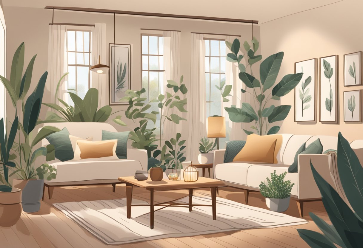 A cozy living room with soft, earthy tones, natural materials, and gentle lighting, featuring plants, candles, and comfortable seating