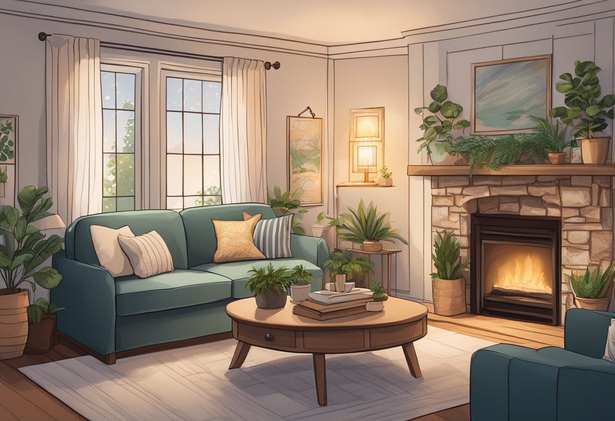 A cozy living room with soft lighting, comfortable furniture, and a crackling fireplace. Plants and calming decor create a serene atmosphere