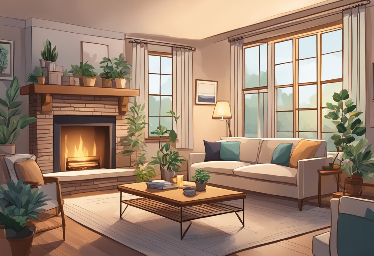 A cozy living room with soft lighting, comfortable furniture, and potted plants. A crackling fireplace adds warmth, while a soothing color palette promotes relaxation