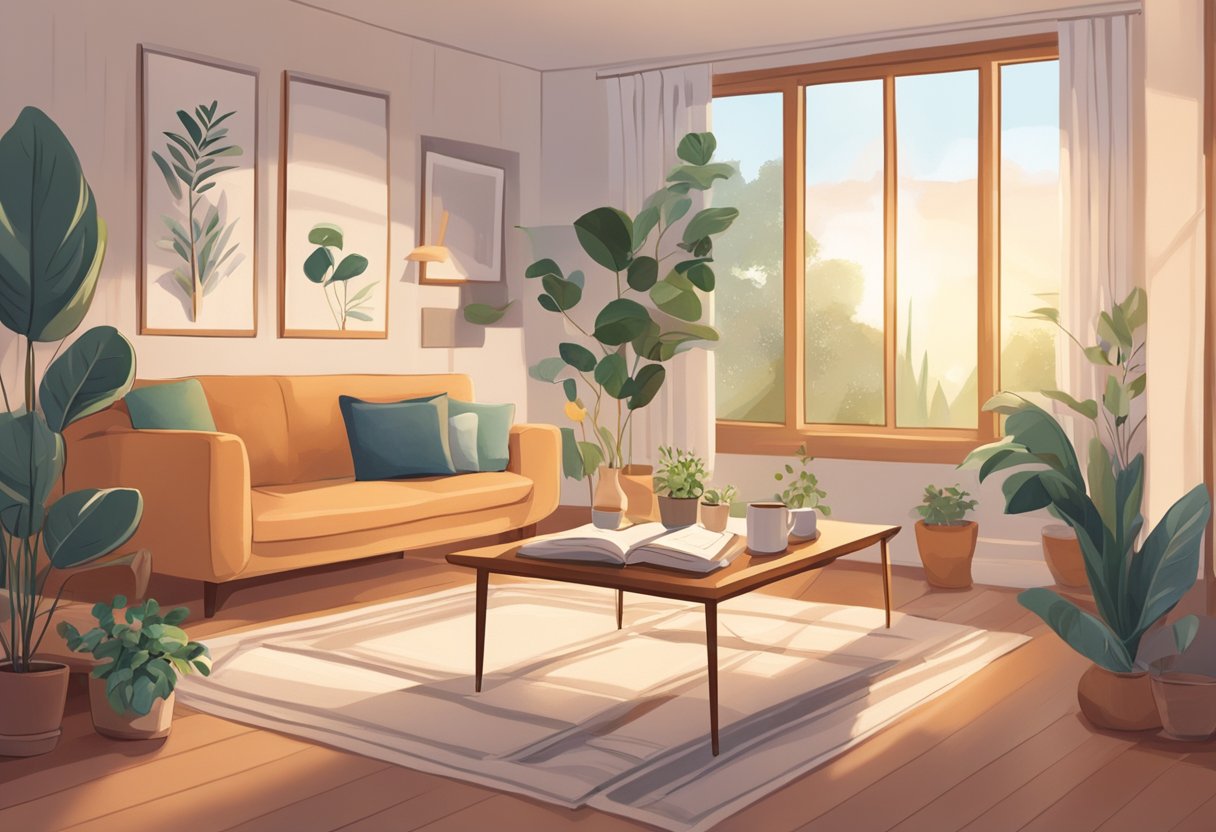 A cozy living room with soft lighting, plants, and comfortable seating. A warm cup of tea sits on a side table next to a book and a plush blanket