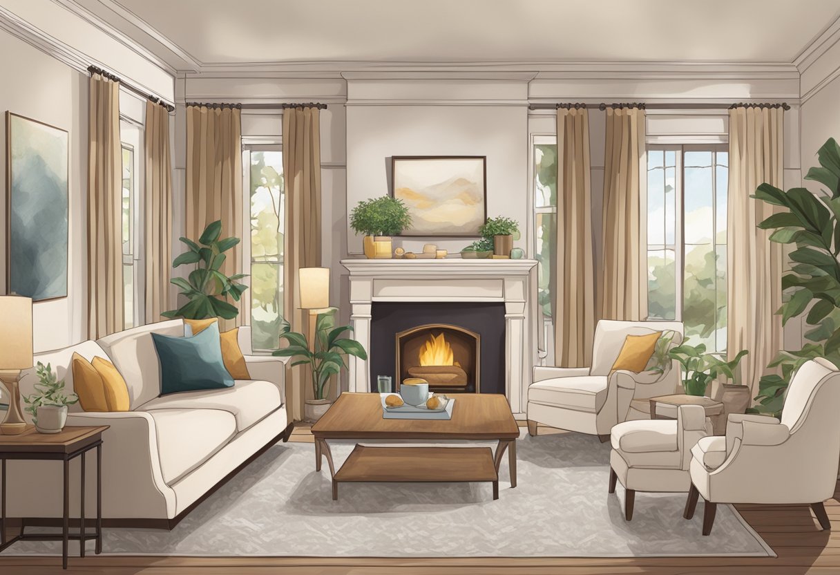 A cozy living room with soft, neutral colors, plush furniture, and warm lighting. A crackling fireplace adds a comforting ambiance