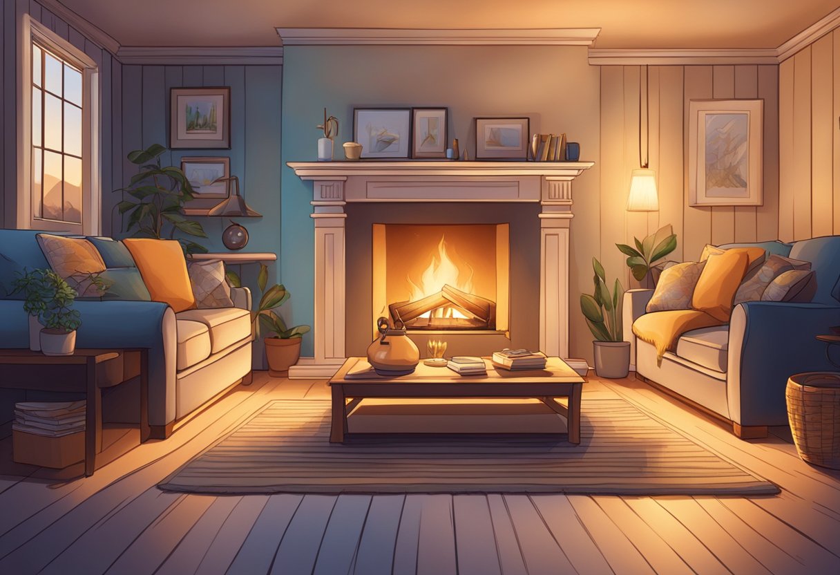 A cozy living room with soft, warm lighting, comfortable furniture, and a crackling fire in the fireplace