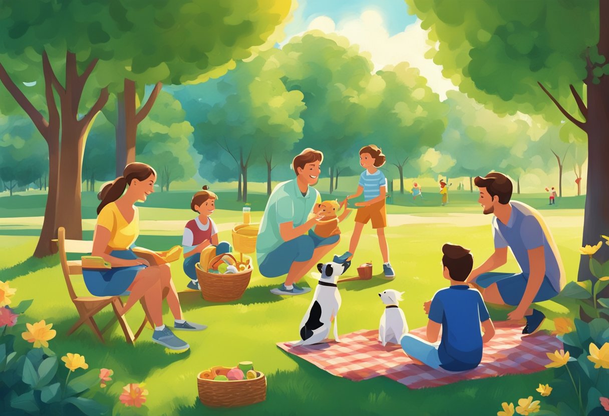 A family picnic in a lush green park, with kids playing games, parents chatting, and a dog running around. Sunshine and blue skies create a cheerful atmosphere