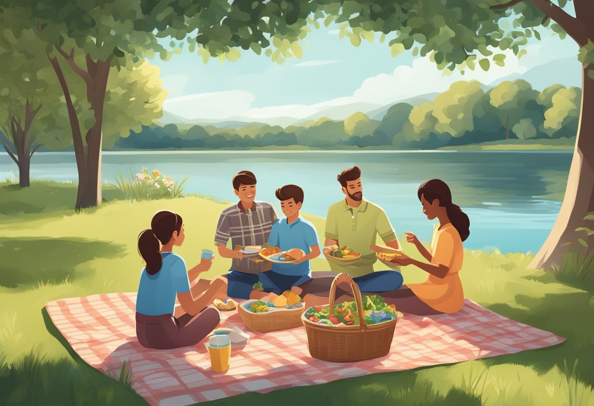 A family picnicking in a grassy park, surrounded by trees and a calm lake, with a picnic blanket spread out and a basket of food and drinks