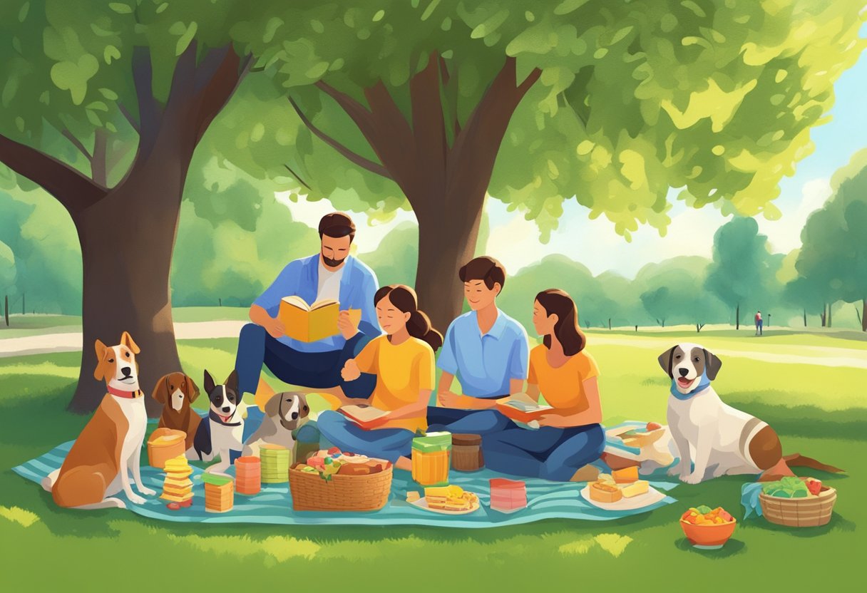 A family picnicking in a lush green park, with a colorful blanket spread out under a shady tree, surrounded by books, snacks, and a playful dog