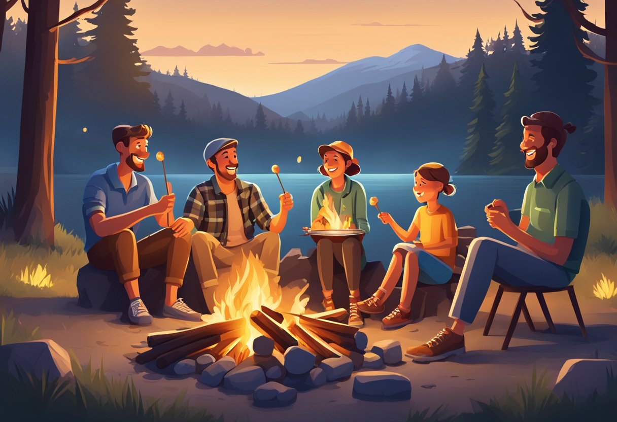 A family sits around a campfire, roasting marshmallows and cooking hot dogs on sticks. They laugh and talk as they enjoy their meal together in the great outdoors