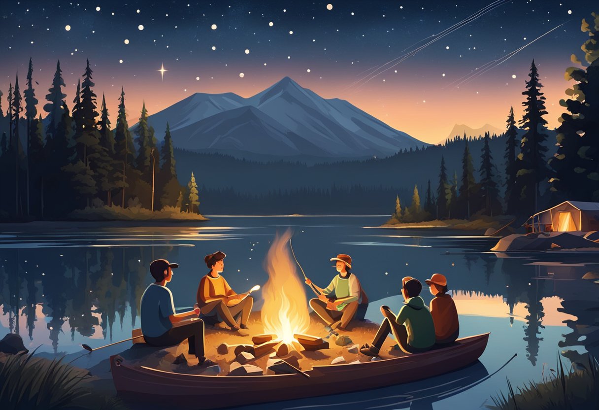 A family sits around a campfire, roasting marshmallows and telling stories under a starry sky. Canoes and fishing gear are scattered nearby