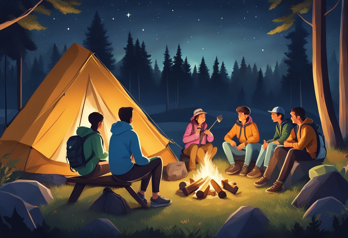 A family sits around a campfire, roasting marshmallows and telling stories under the stars, surrounded by tents and backpacks