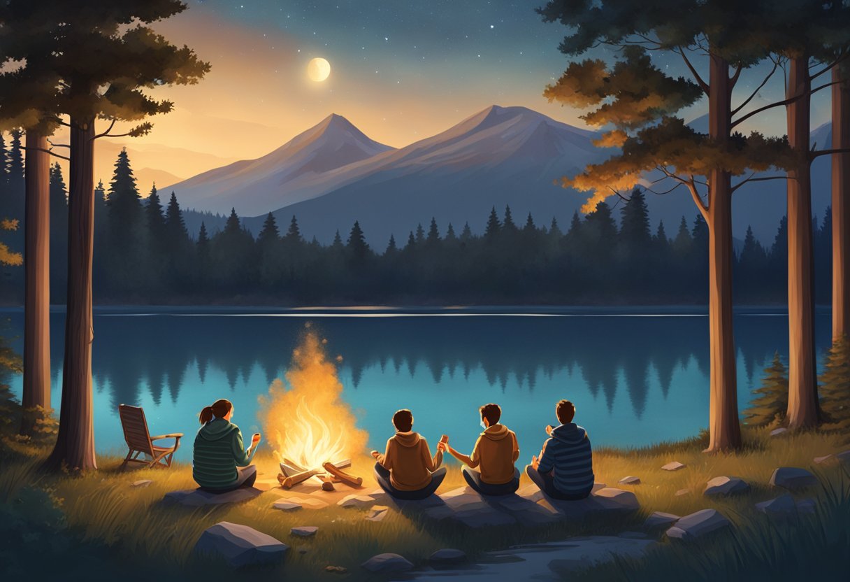 A family sits around a campfire, roasting marshmallows under the stars, surrounded by towering trees and a serene lake