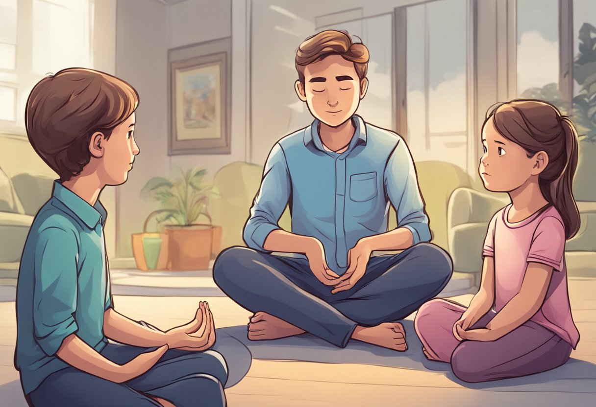 A parent calmly mediating a conflict between two siblings, encouraging communication and cooperation