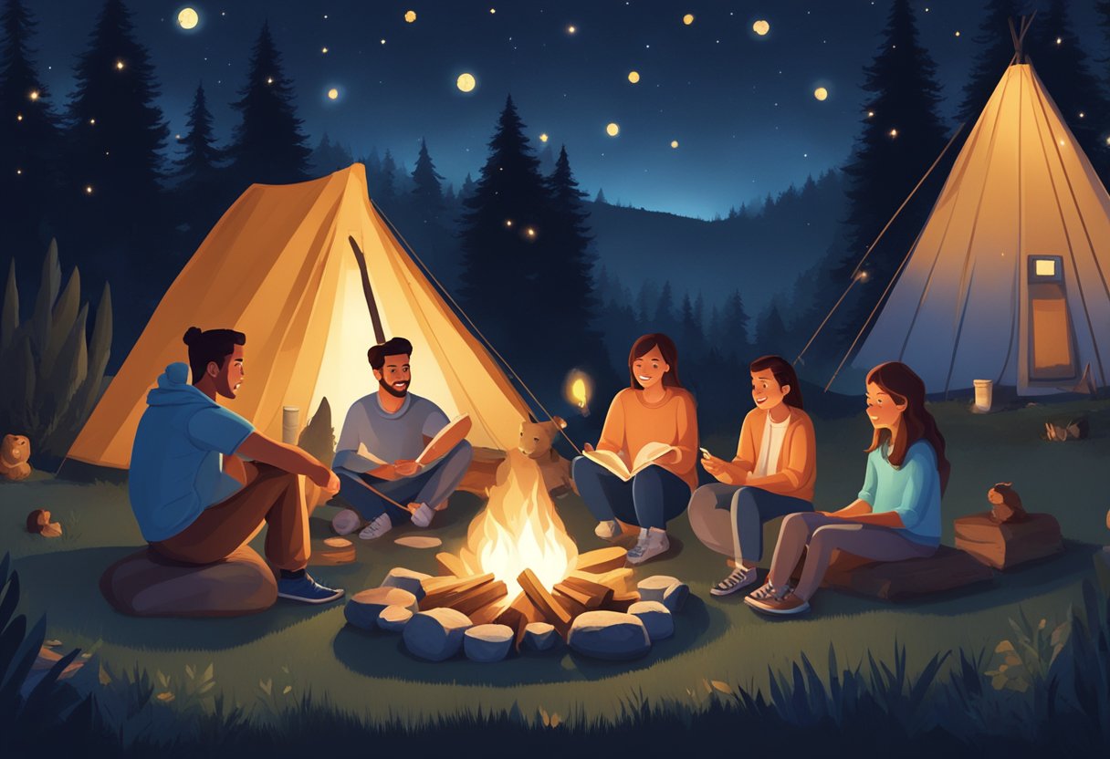 Families gather around a campfire in a forest clearing, roasting marshmallows and sharing stories under a starry night sky