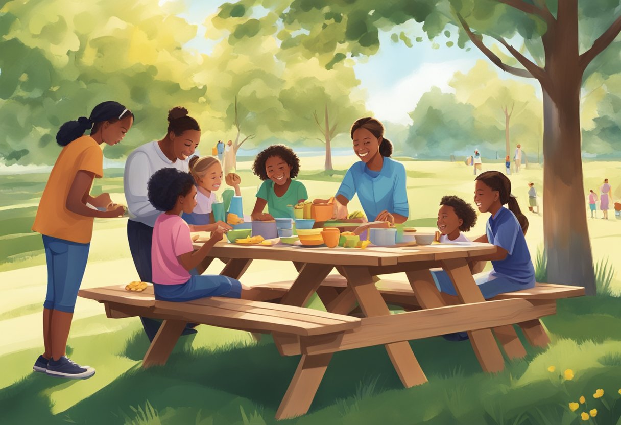 Families gather around a picnic table, working on a collaborative art project in a sunny outdoor setting