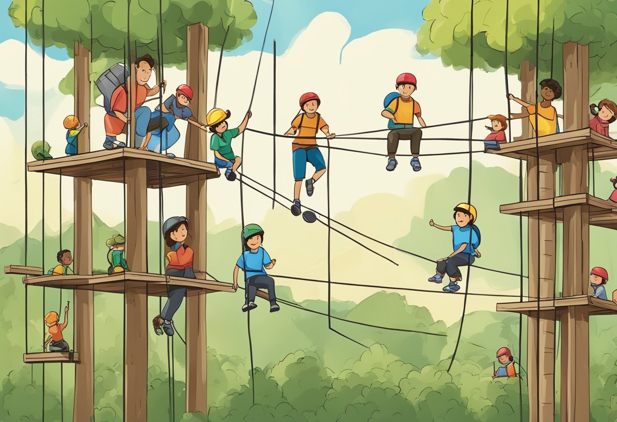 Families working together to complete a ropes course, with parents and children supporting each other through various obstacles and challenges