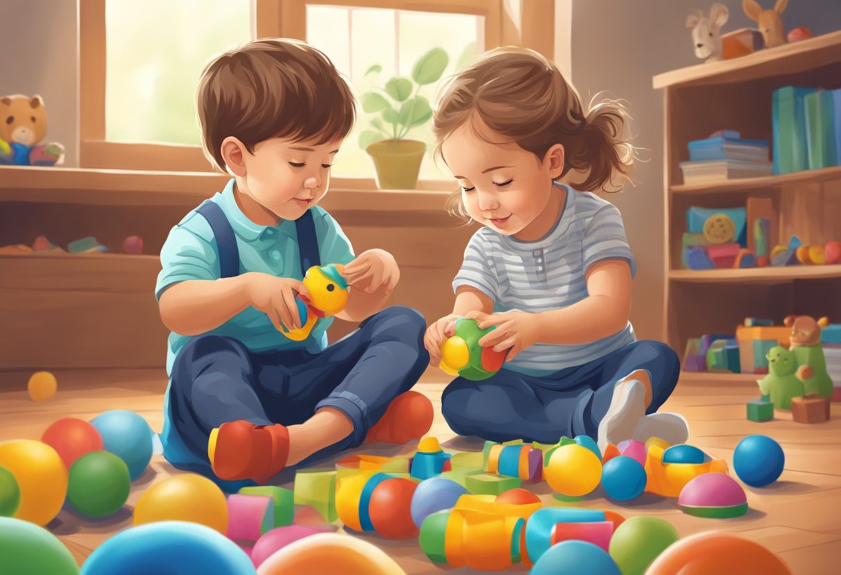 Two siblings playing and sharing toys together in a peaceful and harmonious manner