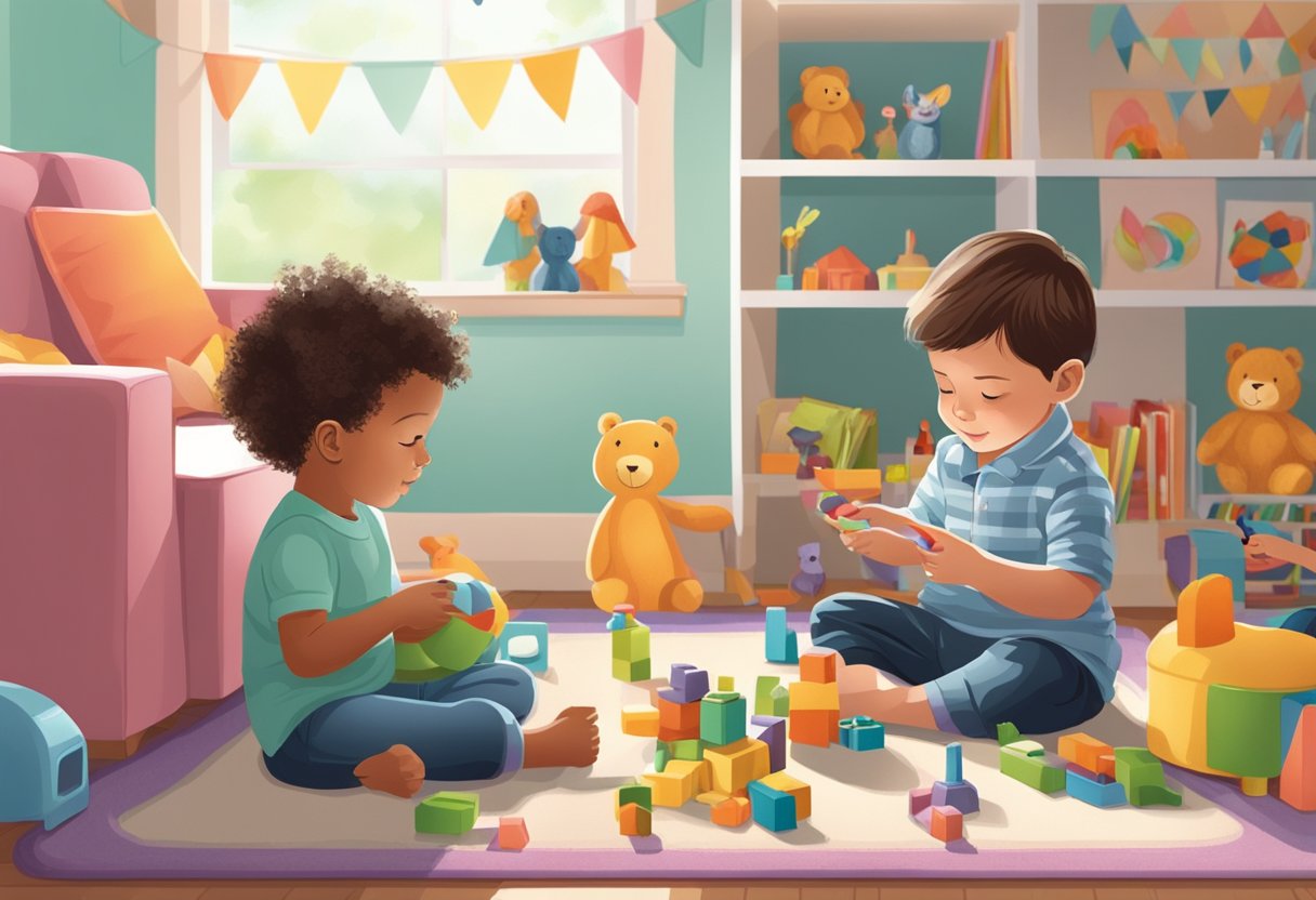 Two siblings sitting side by side, peacefully playing and sharing toys together in a tidy and organized playroom