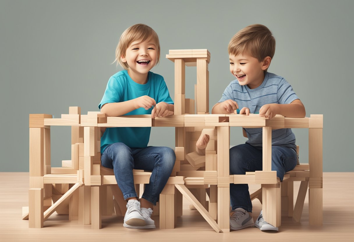 Two siblings sitting side by side, working together to build a towering block structure, smiling and laughing as they collaborate